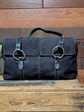 No Brand Tag Black Faux Suede Ring-Accent Shoulder Bag